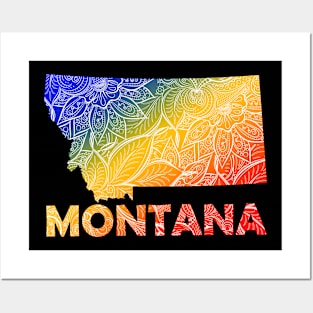 Colorful mandala art map of Montana with text in blue, yellow, and red Posters and Art